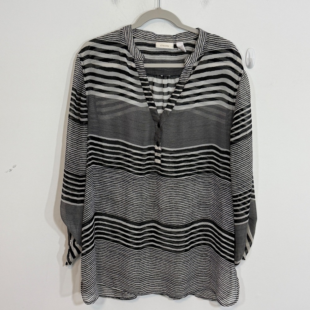 Chicos Womens Blouse 3 US XL Black White Striped Sheer Career Modern Tunic